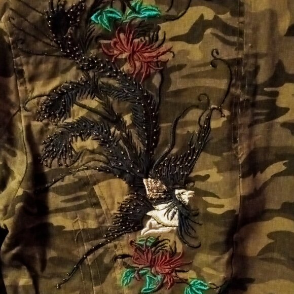 Morbid Threads Denim Military Jacket Embroidery Beaded Camouflage Women's XL - Picture 8 of 16